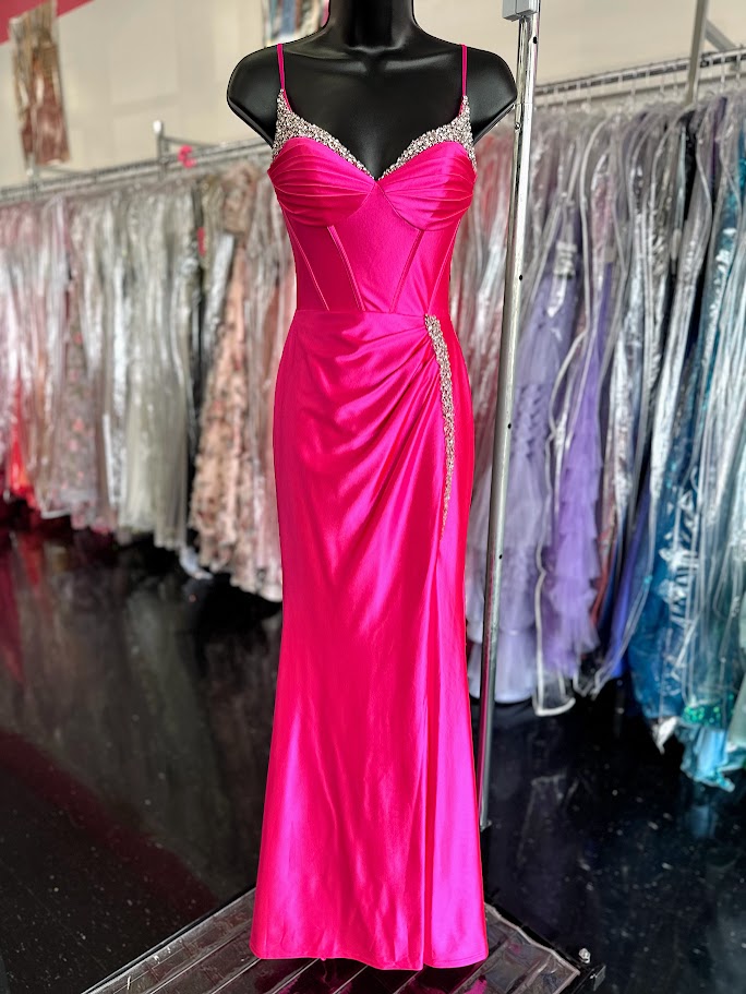 Candice Wang 72345 Size 12 Hot Pink Fitted Satin Corset Crystal V Neck Prom Dress Formal Gown Slit