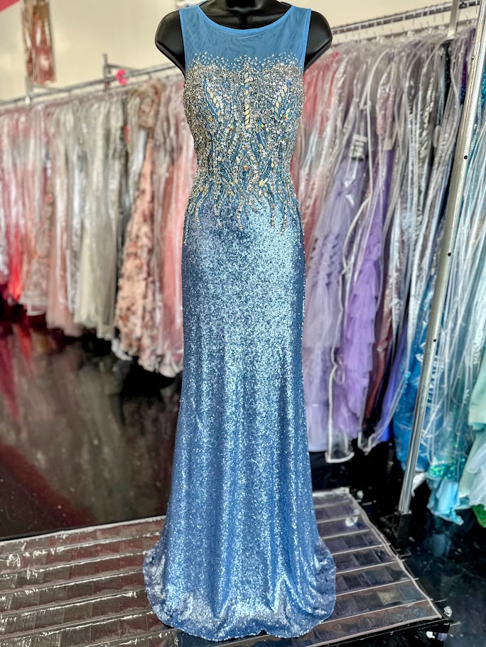 Precious Formals L46814 Size 0 Blue Sequin High Neck prom dress Formal Evening Pageant Gown 