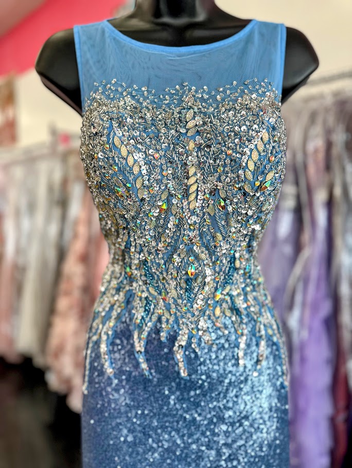 Precious Formals L46814 Size 0 Blue Sequin High Neck prom dress Formal Evening Pageant Gown 