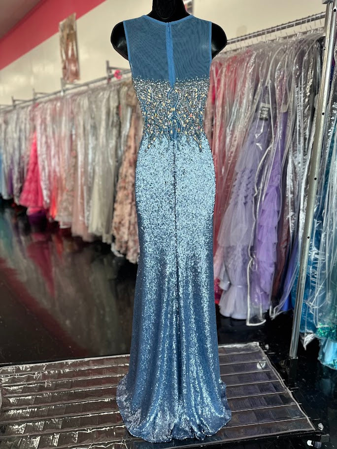 Precious Formals L46814 Size 0 Blue Sequin High Neck prom dress Formal Evening Pageant Gown 