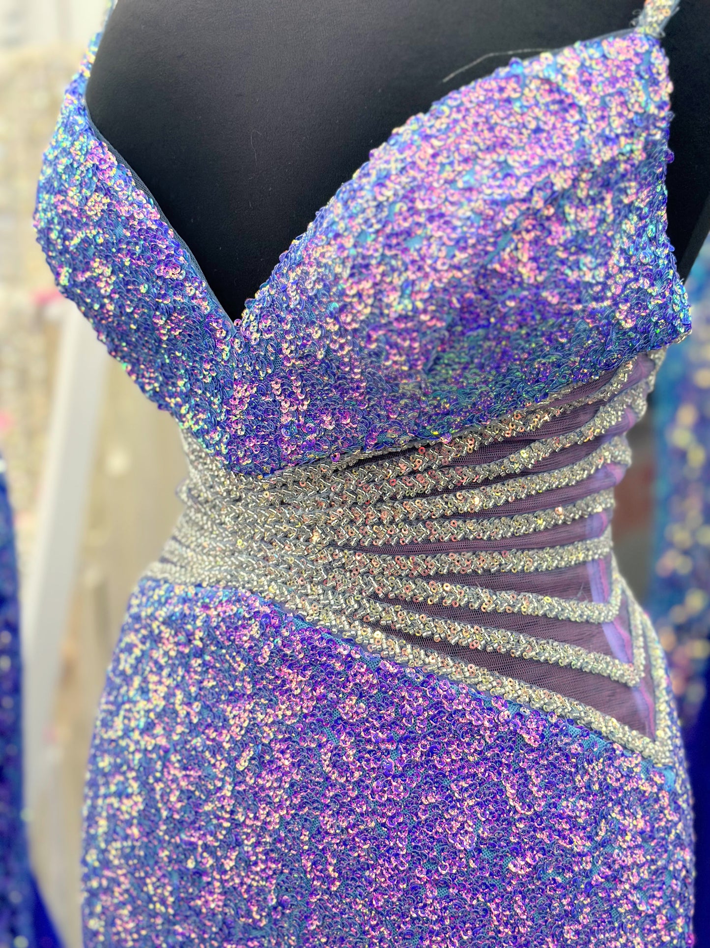 Colors Dress 3300 Size 6 Lilac Long Sequin Sheer Cutout Crystal Lined Prom Dress Corset Slit Gown Pageant