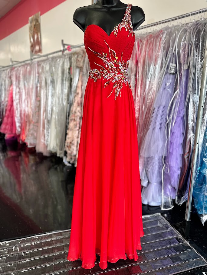 Precious Formals 53012 Size 0 Red One Shoulder prom dress Crystal Chiffon Pageant Gown