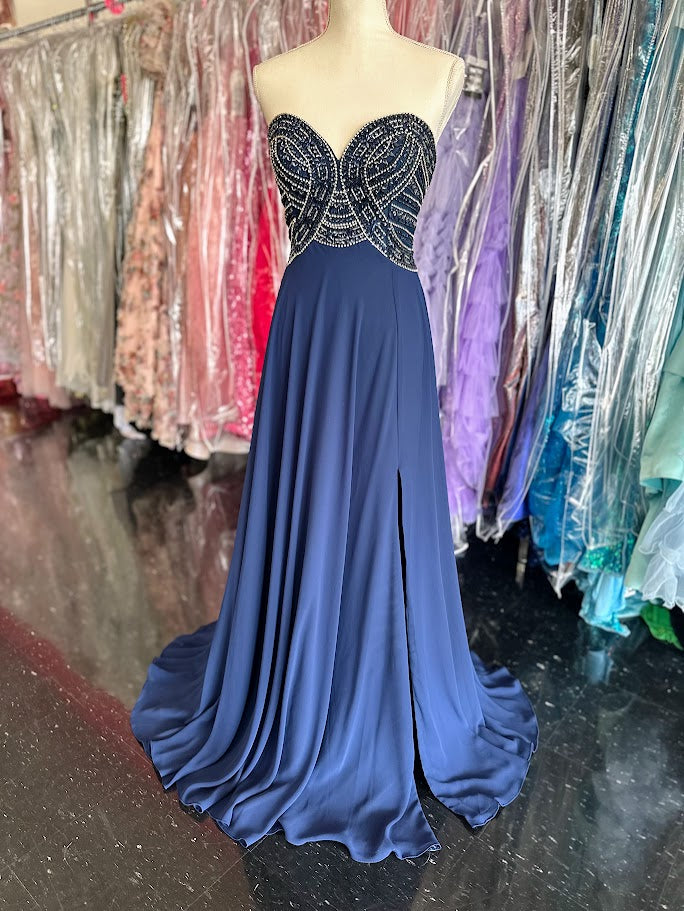 Envious Couture E1467 Size 8 Navy Long Strapless Embellished Prom Dress Beaded Chiffon