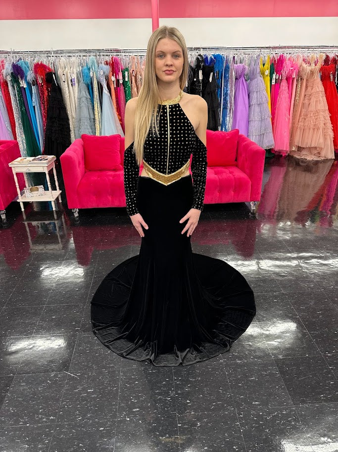 Johnathan Kayne 2711 Long Sleeve Velvet Backless Dress Zipper Neckline Liquid Beaded 4 / Black/Gold Johnathan Kayne 2711 Long Sleeve Velvet Backless Dress Zipper Neckline Liquid Beaded 4 / Black/Gold