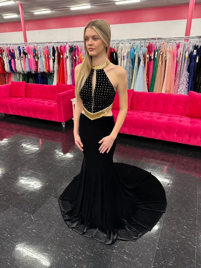 Johnathan Kayne 2711 Long Sleeve Velvet Backless Dress Zipper Neckline Liquid Beaded 4 / Black/Gold Johnathan Kayne 2711 Long Sleeve Velvet Backless Dress Zipper Neckline Liquid Beaded 4 / Black/Gold