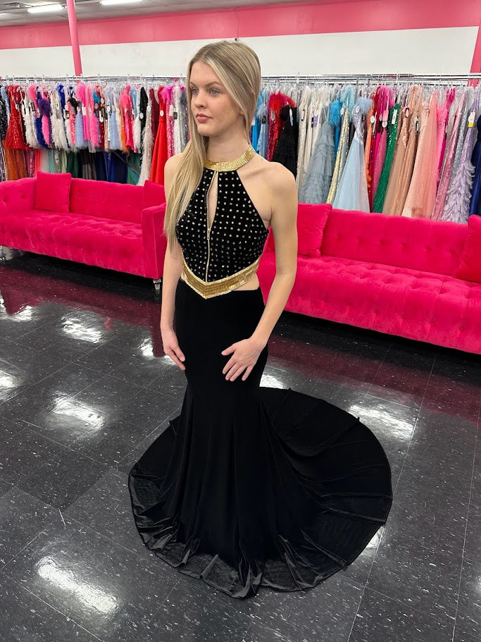 Johnathan Kayne 2711 Long Sleeve Velvet Backless Dress Zipper Neckline Liquid Beaded