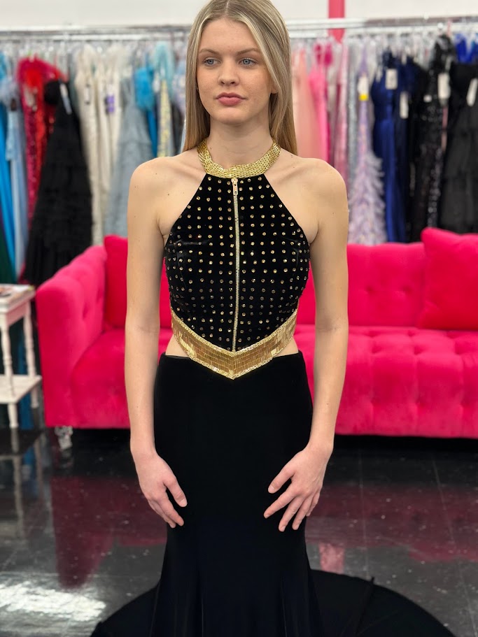 Johnathan Kayne 2711 Long Sleeve Velvet Backless Dress Zipper Neckline Liquid Beaded 4 / Black/Gold Johnathan Kayne 2711 Long Sleeve Velvet Backless Dress Zipper Neckline Liquid Beaded 4 / Black/Gold