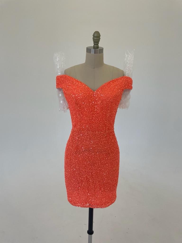Ashley Lauren 4499 Size 4 Orchid Short Fitted Sequin Homecoming Dress off the shoulder   This fitted off the shoulder cocktail dress is accented by a crisscrossed back and covered in the most beautiful sequins!  Off the shoulder Open back Fully sequined Size: 6 Color: Neon Orange