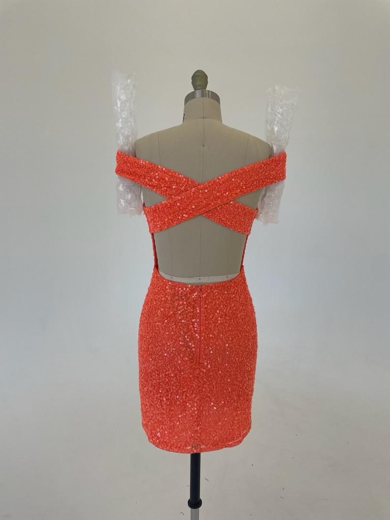 Ashley Lauren 4499 Size 4 Orchid Short Fitted Sequin Homecoming Dress off the shoulder   This fitted off the shoulder cocktail dress is accented by a crisscrossed back and covered in the most beautiful sequins!  Off the shoulder Open back Fully sequined Size: 6 Color: Neon Orange