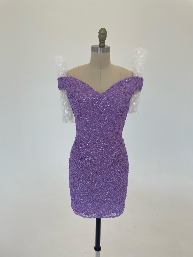Ashley Lauren 4499 Size 4 Orchid Short Fitted Sequin Homecoming Dress off the shoulder   This fitted off the shoulder cocktail dress is accented by a crisscrossed back and covered in the most beautiful sequins!  Off the shoulder Open back Fully sequined Size: 4 Color: Orchid