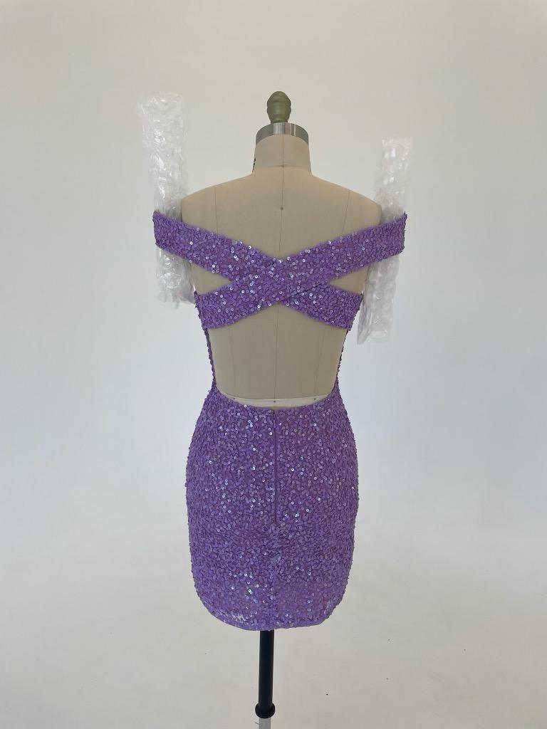 Ashley Lauren 4499 Size 4 Orchid Short Fitted Sequin Homecoming Dress off the shoulder   This fitted off the shoulder cocktail dress is accented by a crisscrossed back and covered in the most beautiful sequins!  Off the shoulder Open back Fully sequined Size: 4 Color: Orchid