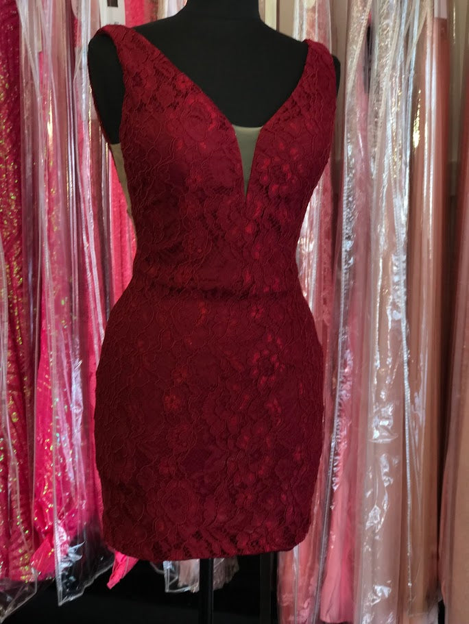 Nina Canacci 266 Size 2, 4, 6 Burgundy, Navy Short Fitted V Neck Formal Lace Cocktail Dress V Neck Sheer Side