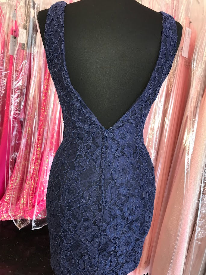 Nina Canacci 266 Size 2, 4, 6 Burgundy, Navy Short Fitted V Neck Formal Lace Cocktail Dress V Neck Sheer Side