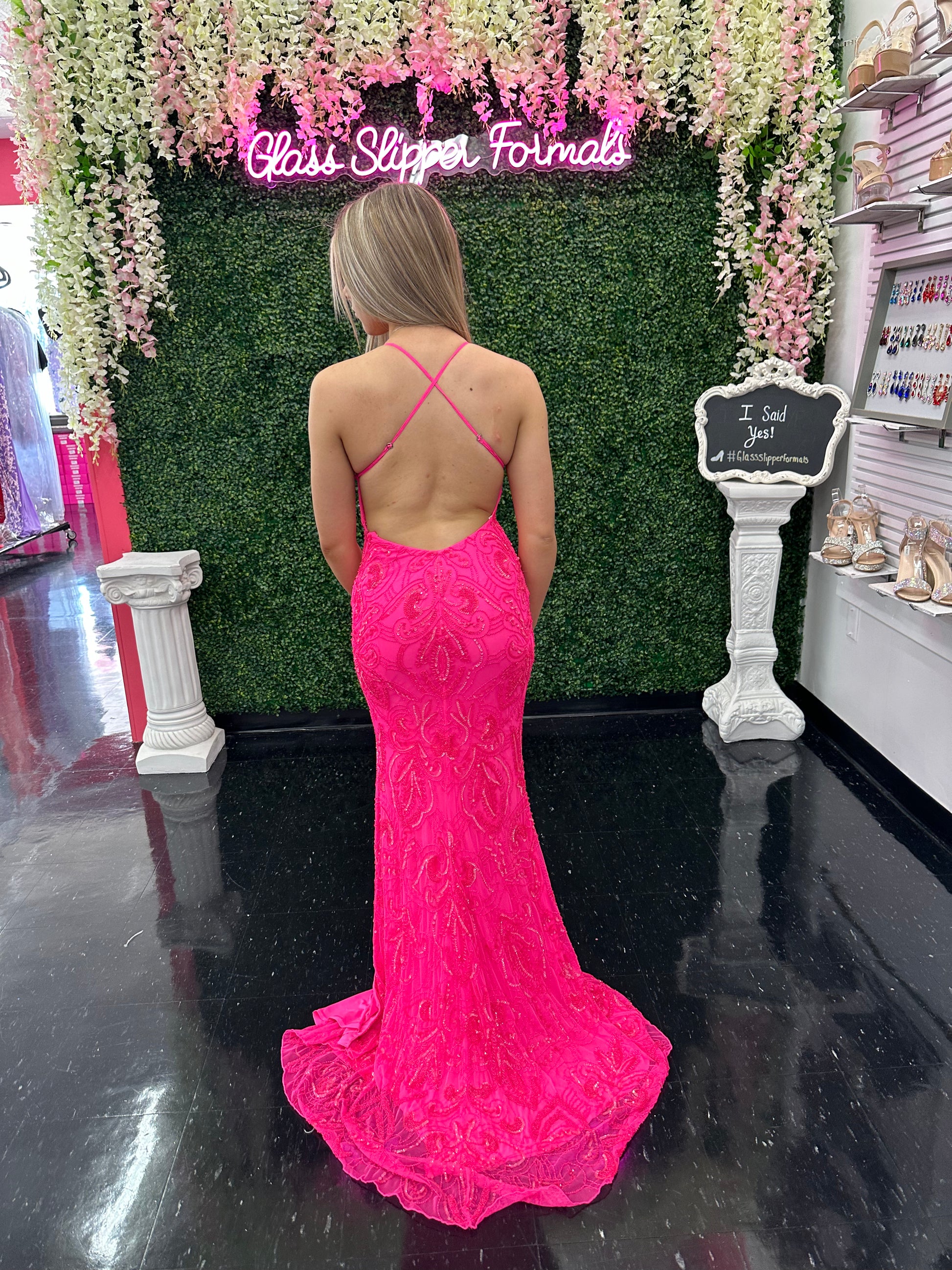 Amarra 94143 Size 12 Neon Pink Beaded Long Prom Dress Backless Slit Formal Gown