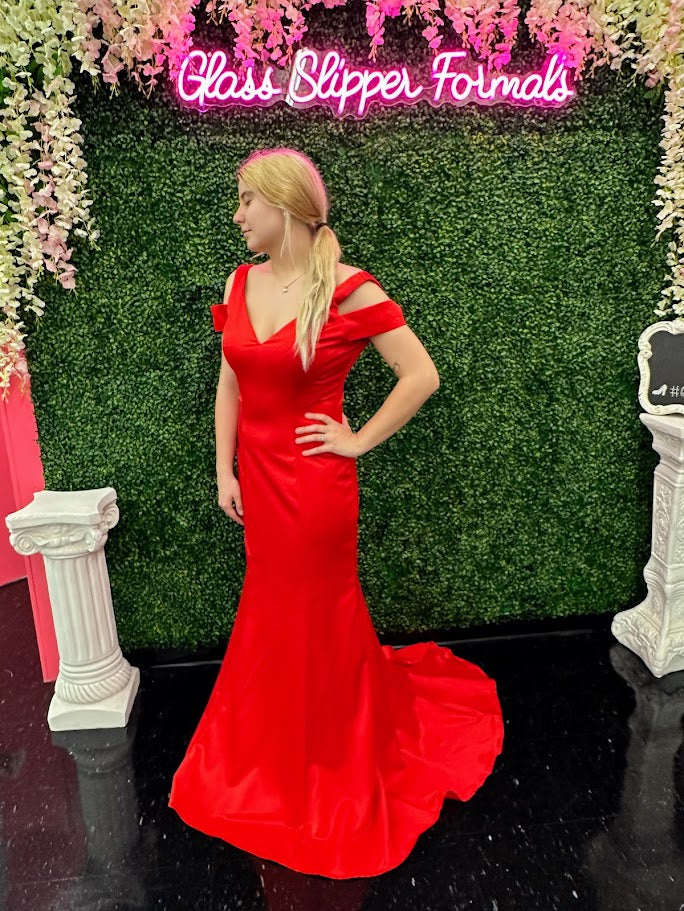 Allie Blue 3467 size 8 Red Long Prom Dress Pageant Gown Cap sleeve mermaid