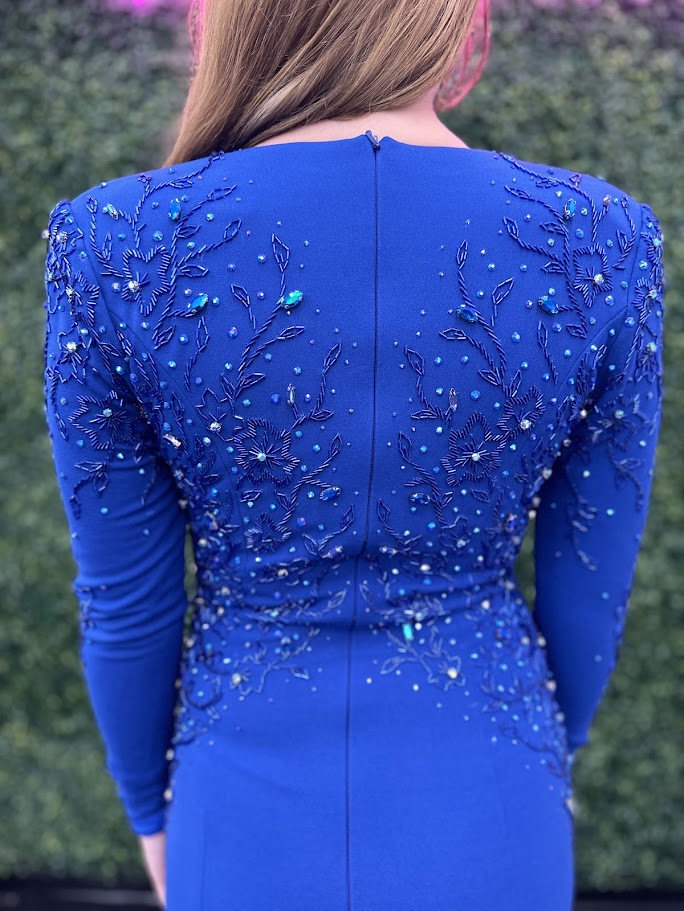 Johnathan Kayne 2712 Size 4 Royal Long Sleeve Fitted V-Neck Formal Dress Slit Beaded Gown