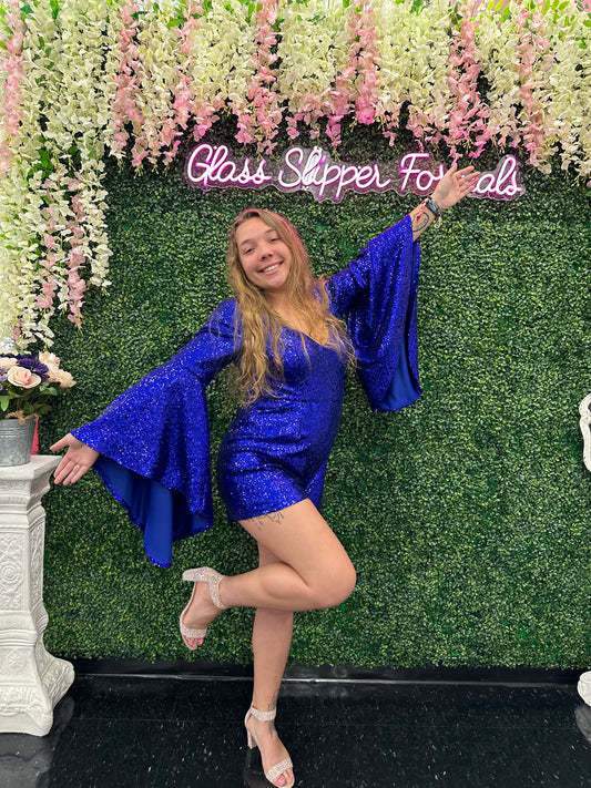 Marc Defang 8219 Size 10 blue Sequin Long Bell Sleeve Pageant Romper Pageant Fun Fashion Formal