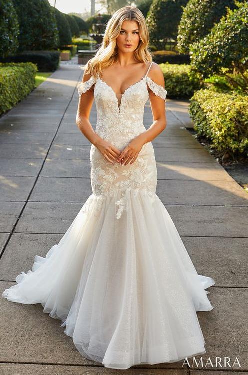 Amarra Bridal Alexa 84398 Lace Mermaid off the shoulder Wedding Gown Train  V Neck