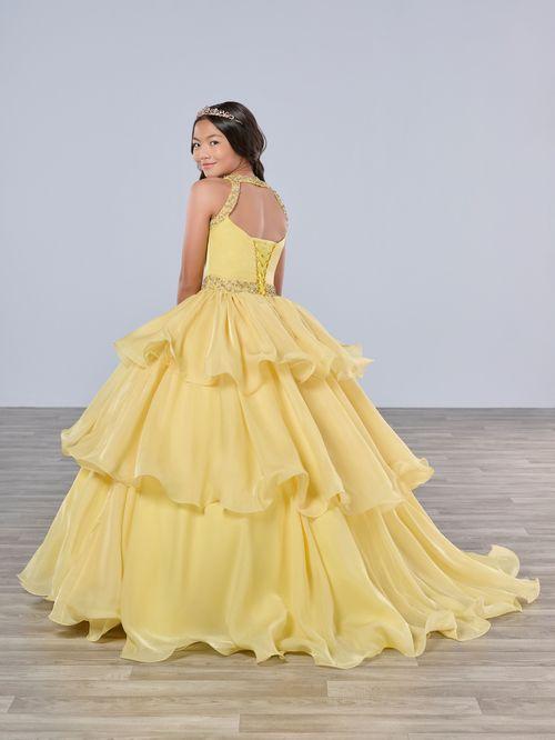 Tiffany Princess 13787 Size 8 Yellow Ruffle Layer Girls Pageant Dress Backless High Neck Crystal Neckline
