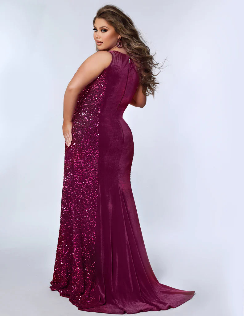 Johnathan Kane For Sydney's Closet JK2318 Sequin Piettes On Stretch Velvet Mermaid High Scoop Neckline Plus Size Formal Dress. Johnathan Kane For Sydney's Closet JK2318 is an exquisite formal dress crafted from premium stretch velvet with sequin piettes for an extra hint of sparkle. The mermaid silhouette brings a touch of glamour, bridal chic, and romance that flatters the figure. Its high scoop neckline and long cut create an effortlessly elegant look. Plus size friendly for a comfortable fit.