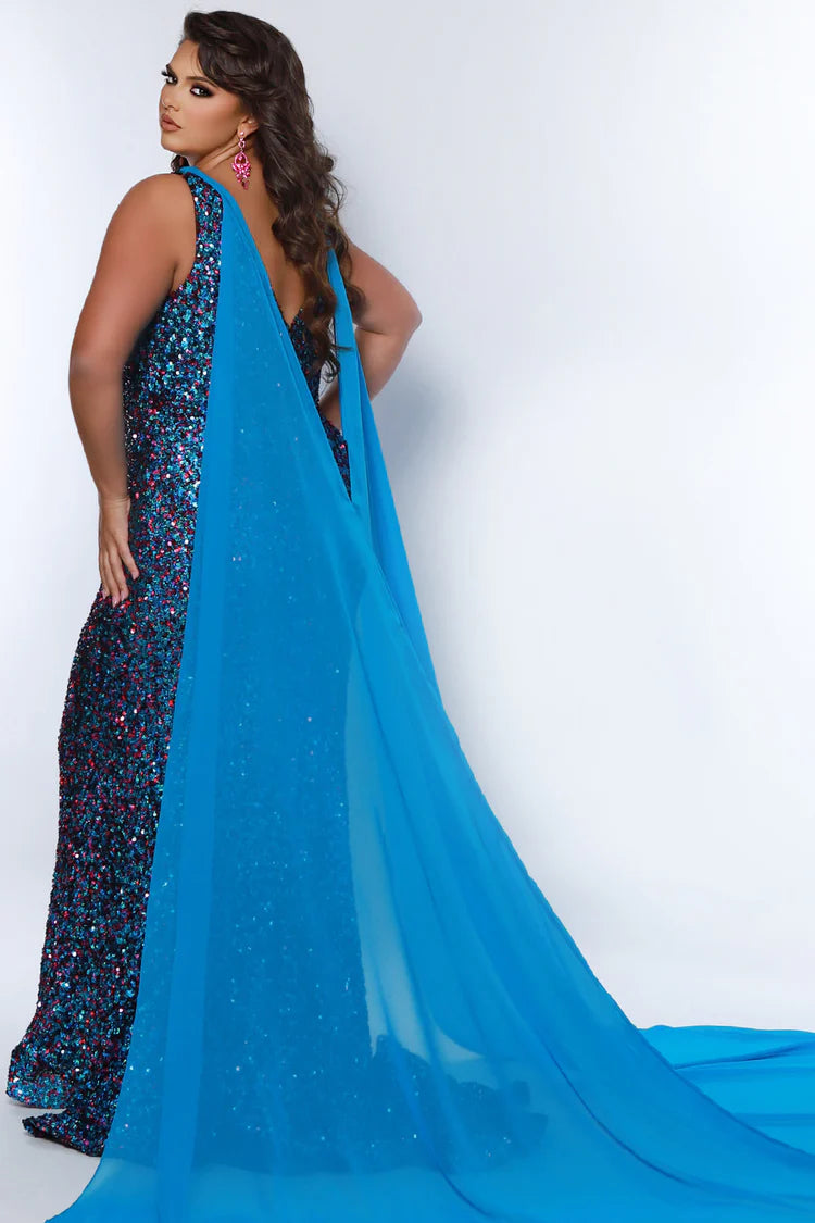 Sydneys Closet JK2407 Size 20 Kaleidoscope Sequin Pageant Dress Cape Plus Size Formal Gown