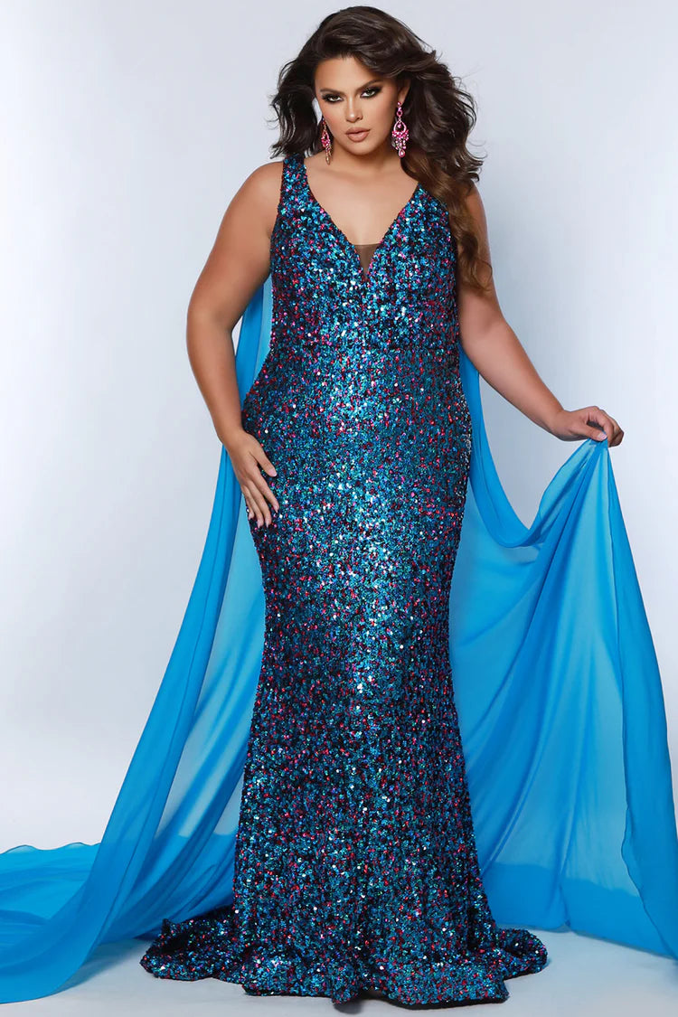 Sydneys Closet JK2407 Size 20 Kaleidoscope Sequin Pageant Dress Cape Plus Size Formal Gown