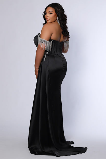Sydneys Closet JK2408 Pageant Dress Maxi Slit Plus Size Fringe Off Shoulders Corset Satin Gown Over Skirt