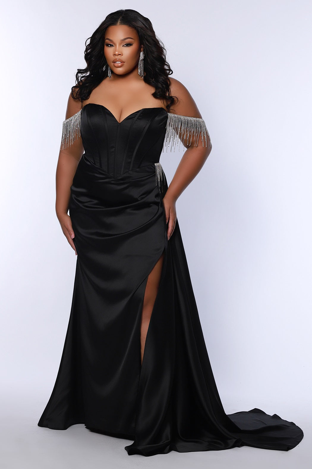 Sydneys Closet JK2408 Pageant Dress Maxi Slit Plus Size Fringe Off Shoulders Corset Satin Gown Over Skirt 20 / Black