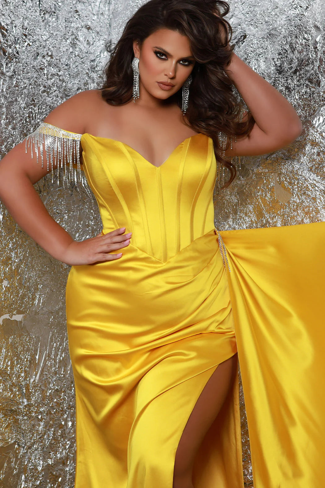 Sydneys Closet JK2408 Pageant Dress Maxi Slit Plus Size Fringe Off Sho Glass Slipper Formals Sydneys Closet JK2408 Pageant Dress Maxi Slit Plus Size Fringe Off Sho Glass Slipper Formals