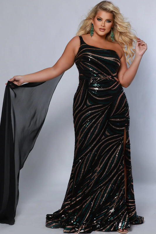 This stunning Sydneys Closet formal gown features a fully sequined cape, a one-shoulder silhouette, and a fitted design. Built with a sophisticated slit detail, this plus size dress is perfect for your next special occasion. Step into the spotlight with the Thunderbolt plus size one-shoulder evening gown.  The curve-hugging silhouettes features multi-dimensional sequins in a flattering pattern that outlines your curves. 