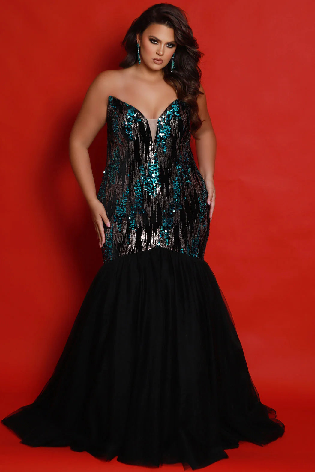 Sydney Closet JK2411 Long Mermaid Pageant Dress is the perfect choice for your special occasion. Featuring a sequin velvet corset with peak points, this dress is designed with plus size silhouettes in mind and is sure to make a lasting impression. Capture the attention of everyone at Prom 2024, a pageant or your next formal event when you opt to wear this glamourous plus-size Mermaid evening gown. 