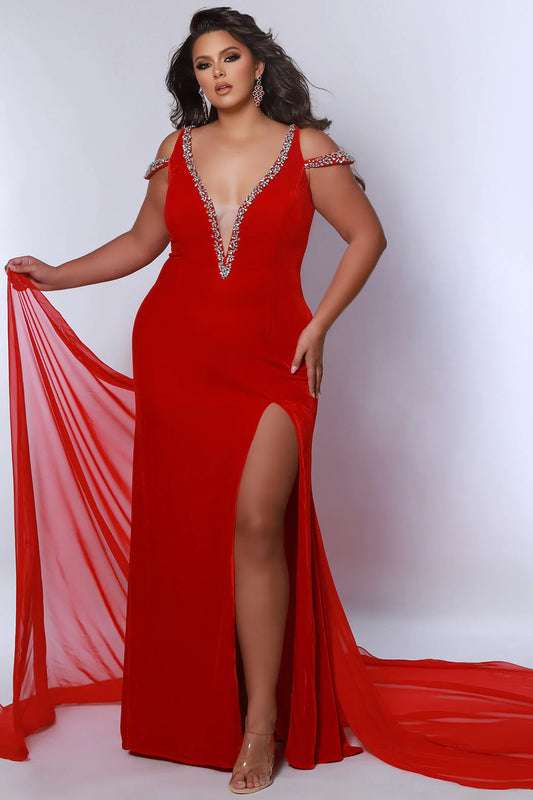 Look your best in Sydneys Closet JK2420 Prom Dress. Featuring an off-the-shoulder cape train and a plus-size silhouette, this upscale fitted velvet pageant dress elevates your look with a high slit and a red-carpet style. Perfect for special occasions. You can bet on being a fashion winner at Prom, Pageant, black-tie events when you roll the dice on the oh- so elegant Monte Carlo plus-size evening pageant gown in rich stretch velvet. 