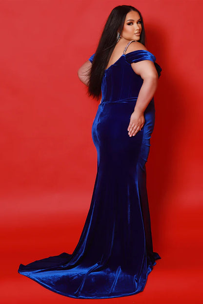 Sydneys Closet JK2514 size 22 Black Ferrari Velvet Crystal Corset Dress Cape Off the Shoulder Slit Formal Plus Size Pageant Gown