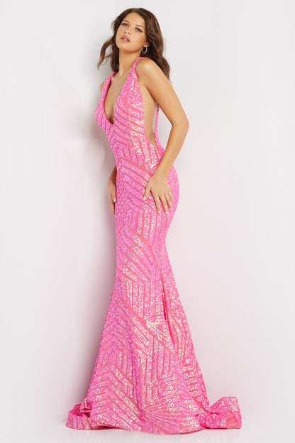 JOVANI-59762-NEON-PINK-PROM-DRESS-FRONT-NEON-PLUNGING-NECKLINE-MERMAID-LONG-TRAIN