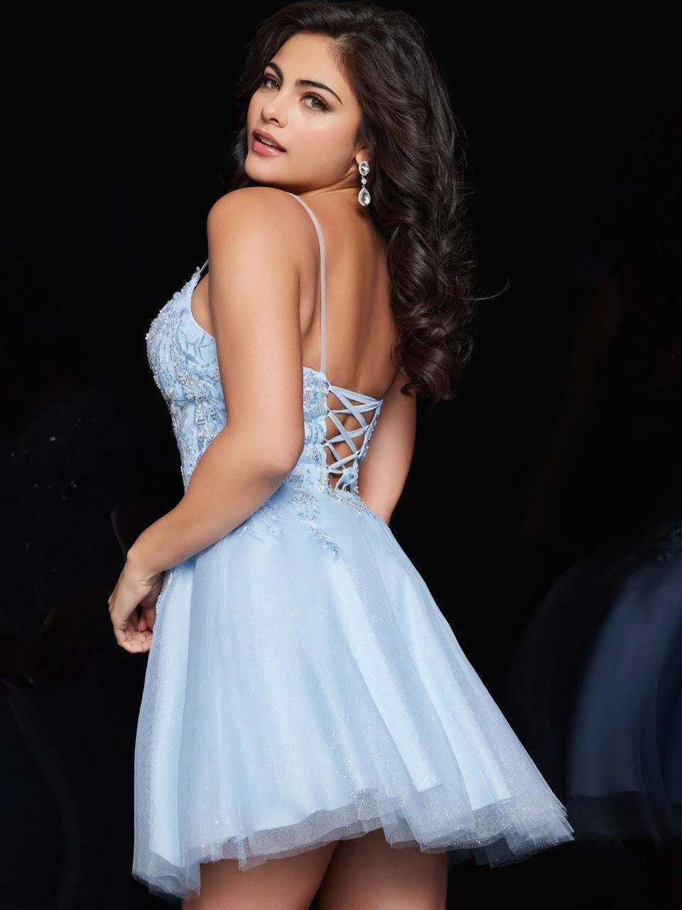 Jovani JVN22329 Light blue homecoming dress with a modest v neckline and an A line tulle skirt. The back has a lace up corset. 