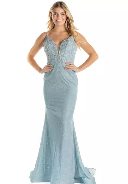 This JVN by Jovani JVN08492 light green prom gown has a fit and flare silhouette in stretch glitter, with a sheer inset plunging neckline and spaghetti straps. Tonal embroidery embellishes the bodice of this backless formal dress, finished with a horsehair hem and sweep train.

Available Sizes:&nbsp;6

Available Colors:&nbsp; Light Blue