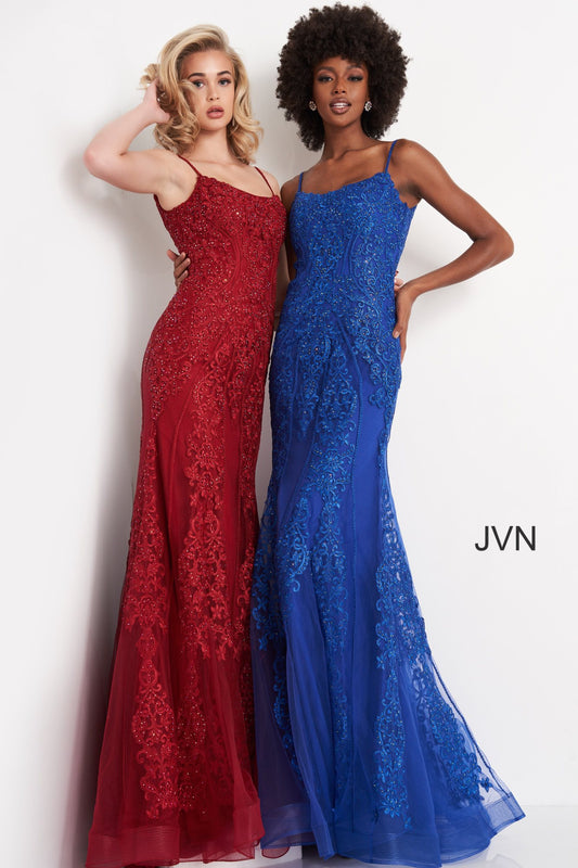 JVN02012 Prom evening dress scoop neckline iridescent lace fit and flare Long Fitted Lace Corset Tulle Prom Dress Formal evening Gown wine or blue