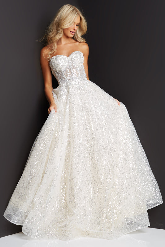 Jovani 08417 Lace Prom Dress Strapless Ball Gown Sheer Corset