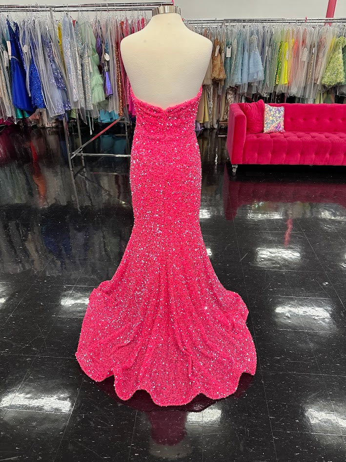JVN23771&nbsp;&nbsp;Floor length sequin embellished prom&nbsp;dress form fitting silhouette, strapless bodice with plunging neckline, straight back.

Sizes: 10&nbsp;

Colors: hot pink