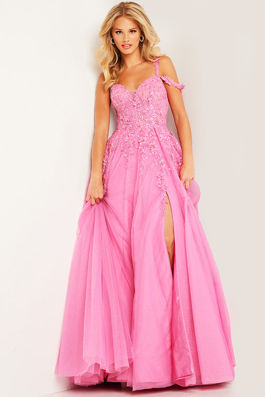 Introducing the Jovani JVN25826 Shimmer Maxi Slit Lace Prom Dress, a stunning A-line gown with an off-the-shoulder design and corset detailing. This dress features a shimmering fabric and a dramatic thigh-high slit, perfect for making a statement at any formal occasion. Elevate your style with this elegant and figure-flattering dress.  Sizes: 00-16  Colors: Fuchsia, Lilac