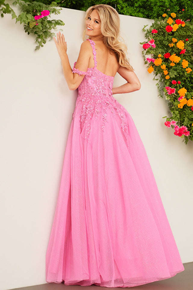 Introducing the Jovani JVN25826 Shimmer Maxi Slit Lace Prom Dress, a stunning A-line gown with an off-the-shoulder design and corset detailing. This dress features a shimmering fabric and a dramatic thigh-high slit, perfect for making a statement at any formal occasion. Elevate your style with this elegant and figure-flattering dress.  Sizes: 00-16  Colors: Fuchsia, Lilac