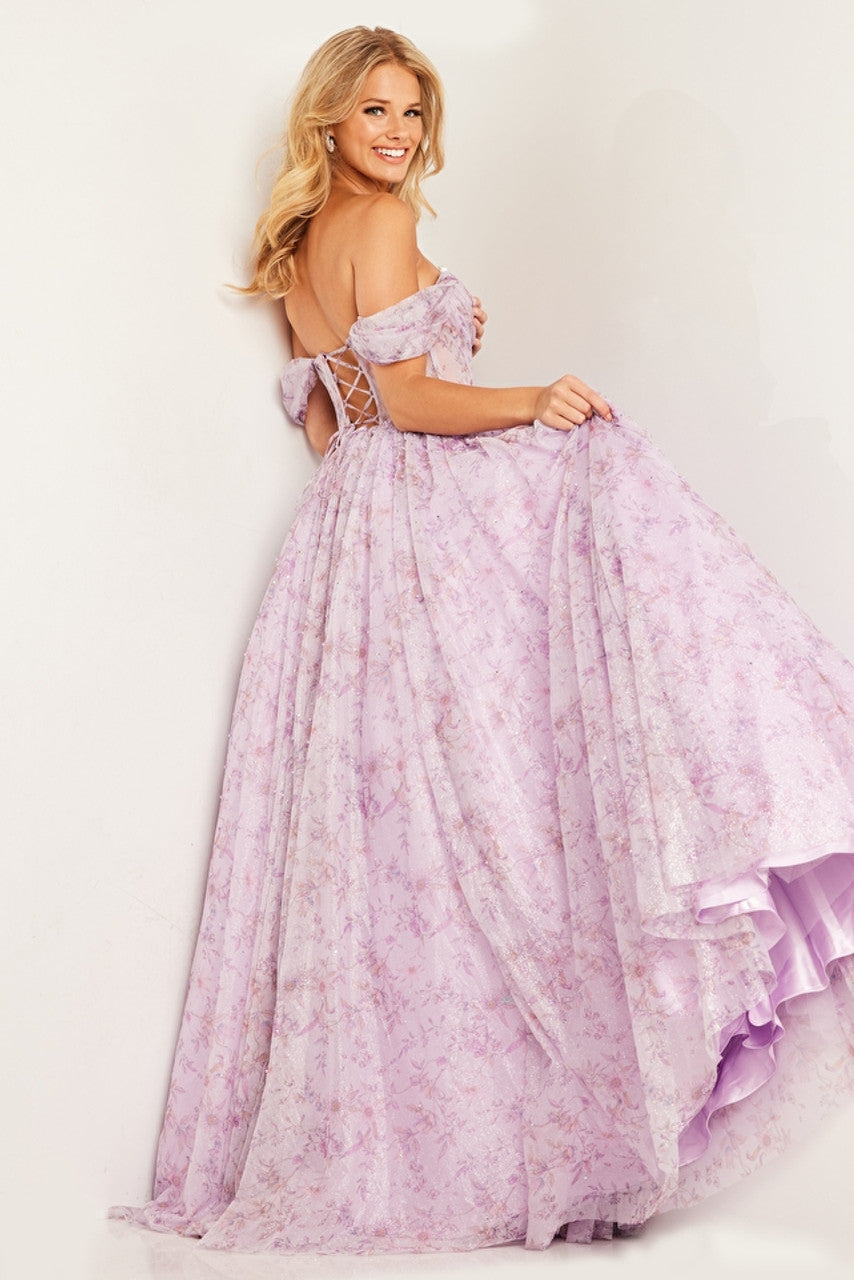 JVN36581 floral print prom dress A line off the shoulder sweetheart neckline with corset bodice