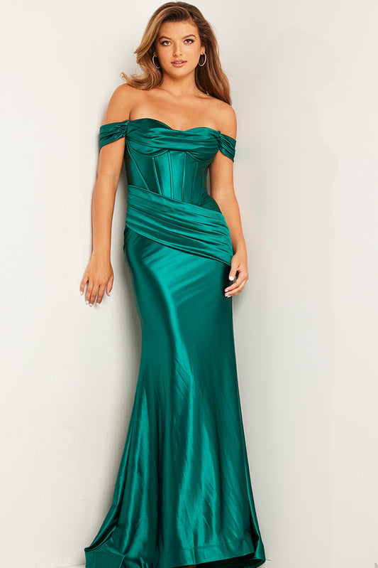JVN by Jovani JVN37521 Emerald off the shoulder dress ruching corset top satin