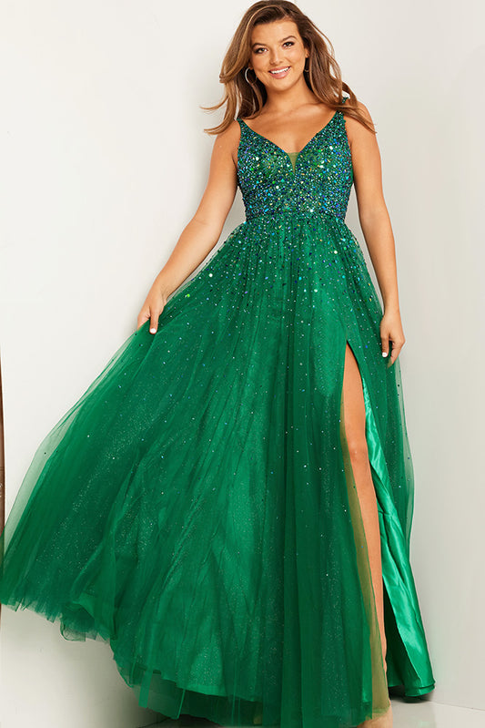 JVN by Jovani JVN38437 tulle A line dress with stones and paillettes and a slit