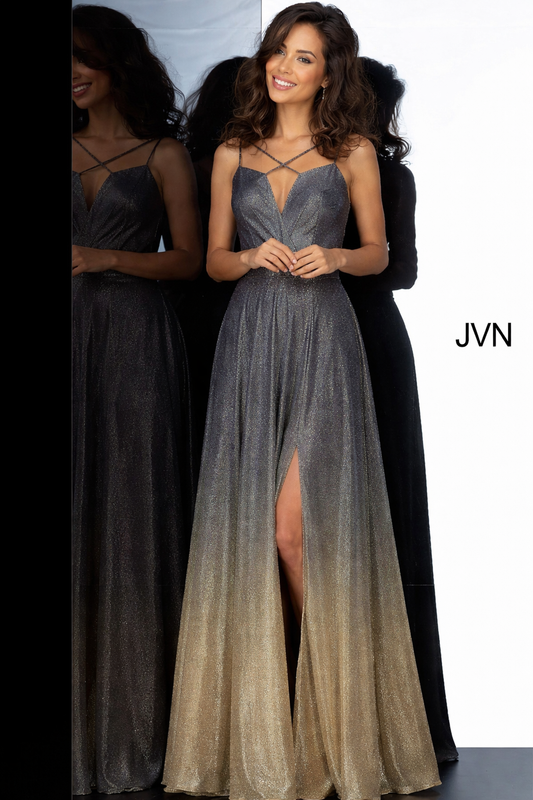 JVN4327 by Jovani is a metallic glitter prom gown with a plunging neckline, Criss Cross Glitter Strap Design with a sleeveless bodice, and cross strap open back, floor-length A-line pleated and flared skirt. Absolute Stunning color combinations with an ombre effect!

Available in Sizes: 4

Colors:&nbsp;PURPLE/GOLD

Closure:&nbsp;Invisible Back Zipper with Hook and Eye Closure.
&nbsp;
Details:&nbsp;Glitter prom dress, floor length maxi wrap skirt, sleeveless bodice, plunging neckline with spaghetti straps cr