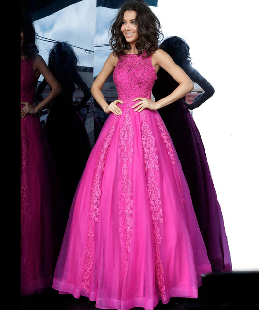 Jovani JVN 59046 embellished lace sleeveless tulle prom dress ballgown has a sheer back with embellished lace and a long tulle full ball gown.&nbsp; JVN by Jovani 59046 Prom Dress, Pageant Gown, Evening Dress.&nbsp;

Fuchsia size 12