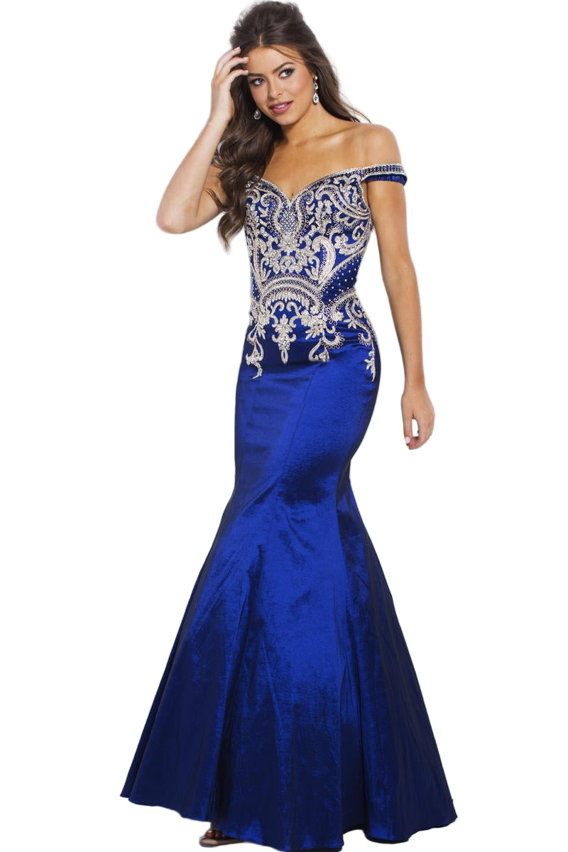 Jovani JVN 61193 Off the shoulder embellished embroidered lace long mermaid prom dress available in Navy JVN61193
