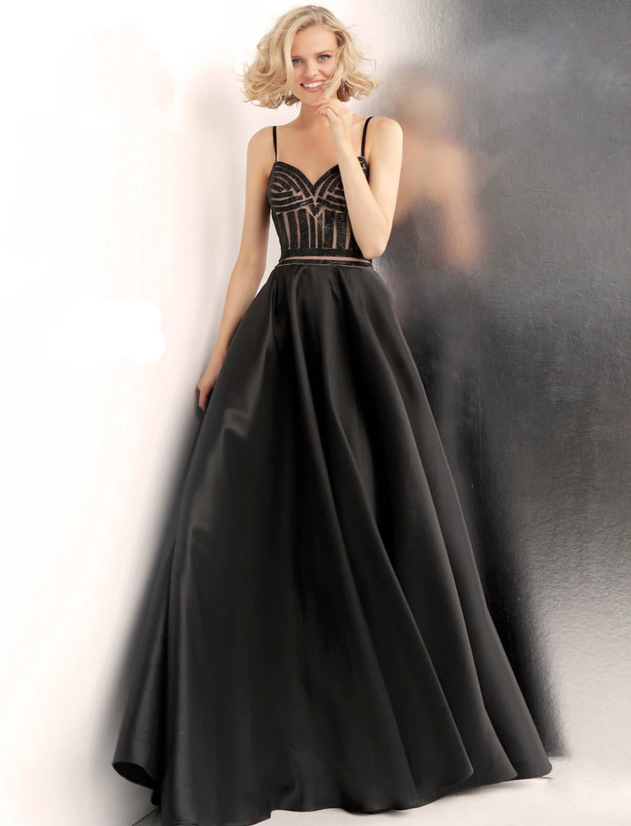 Jovani JVN62510 Black and nude Size 8 beaded prom ballgown with embellished sleeveless fitted bodice, sweetheart neckline and spaghetti straps, floor length pleated A line skirt with side pockets. Prom Dress Pageant Gown&nbsp;