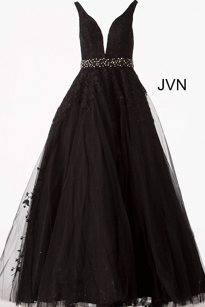 JVN68258 tulle embellished embroidered A line long prom dress ball gown informal wedding dress  evening gown ﻿Floral embroidered tulle, embellished belt at waist, A line floor length skirt, fitted sleeveless bodice, plunging neckline with sheer mesh insert, V back. black front