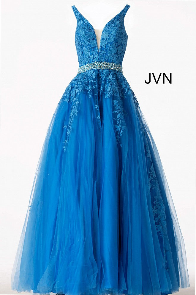 JVN68258 tulle embellished embroidered A line long prom dress ball gown informal wedding dress  evening gown ﻿Floral embroidered tulle, embellished belt at waist, A line floor length skirt, fitted sleeveless bodice, plunging neckline with sheer mesh insert, V back. blue front
